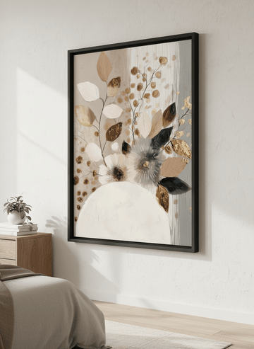 Minimalist artwork displayed in a calm, light-filled bedroom interior