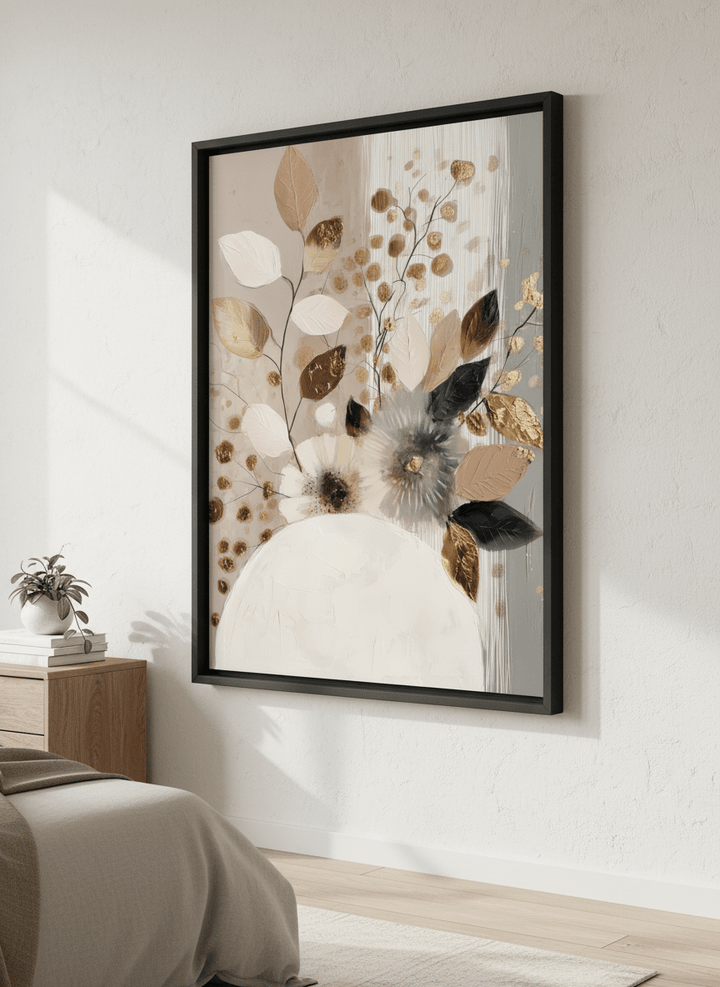 Minimalist artwork displayed in a calm, light-filled bedroom interior
