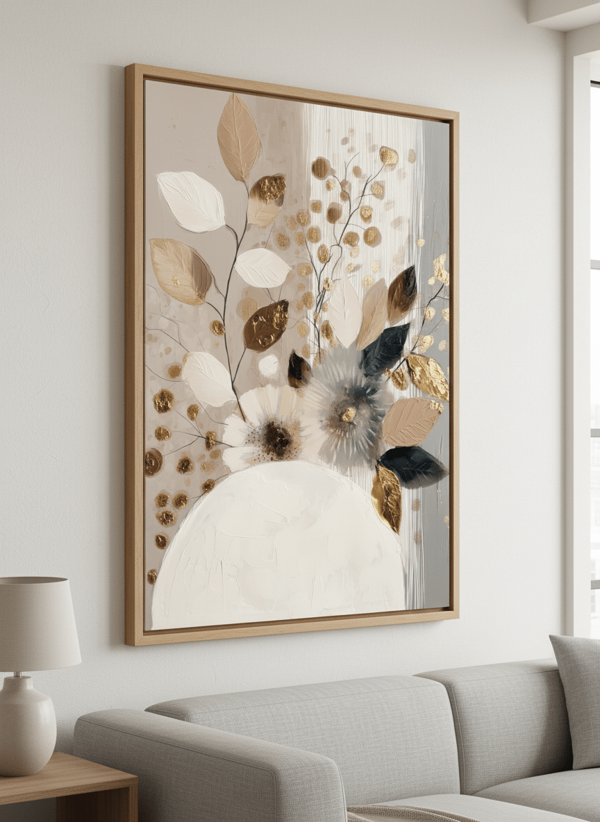 Modern wall art styled above a sofa in a neutral living room