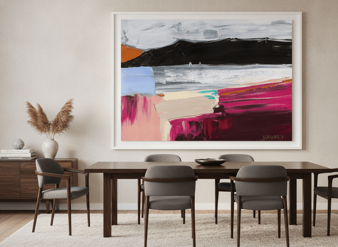 Monumental artwork centred on a feature wall in a luxe interior