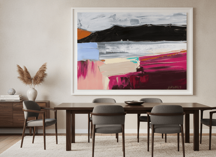 Monumental artwork centred on a feature wall in a luxe interior