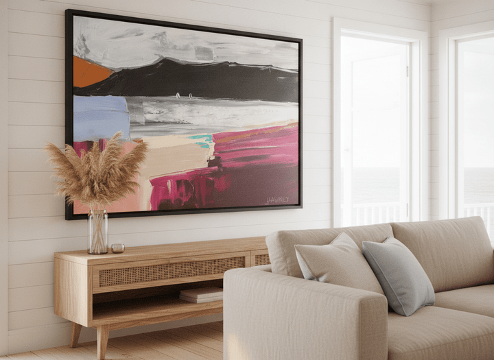 Neutral wall art displayed in a sunny coastal beach house