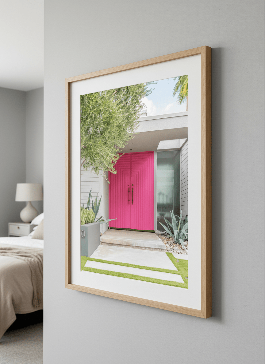 Minimalist artwork displayed in a calm, light-filled bedroom interior