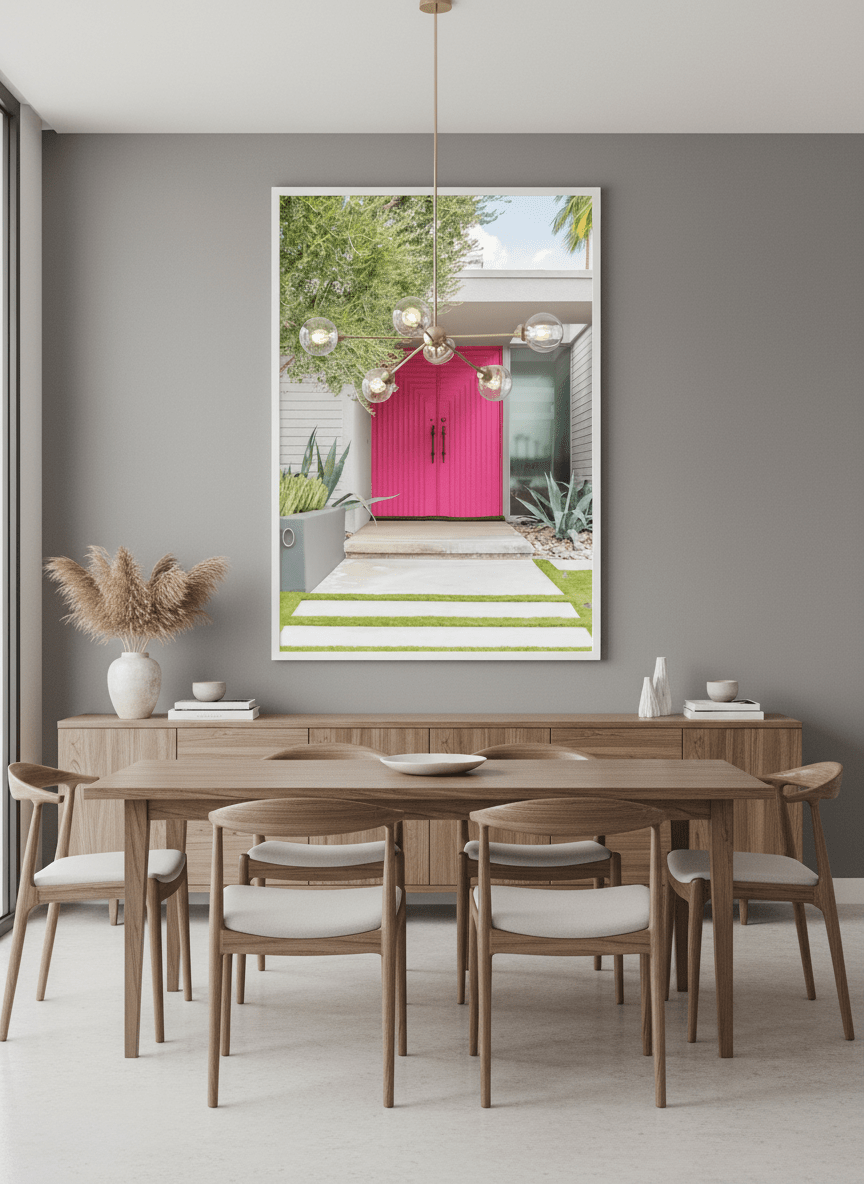 Wall art styled above a dining table in a contemporary home