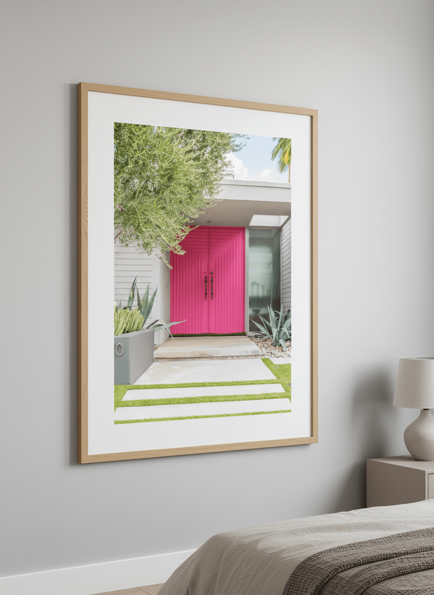 Minimalist artwork displayed in a calm, light-filled bedroom interior