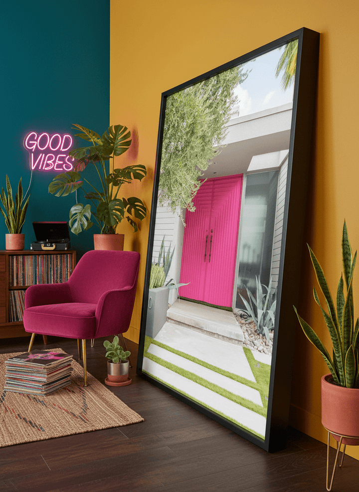Bold wall art styled in a colourful, eclectic modern home