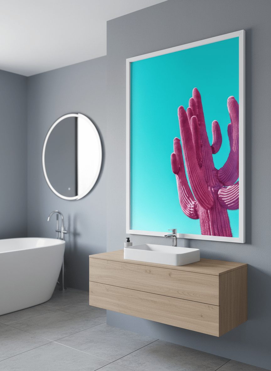 Modern print displayed in a clean minimalist bathroom setting