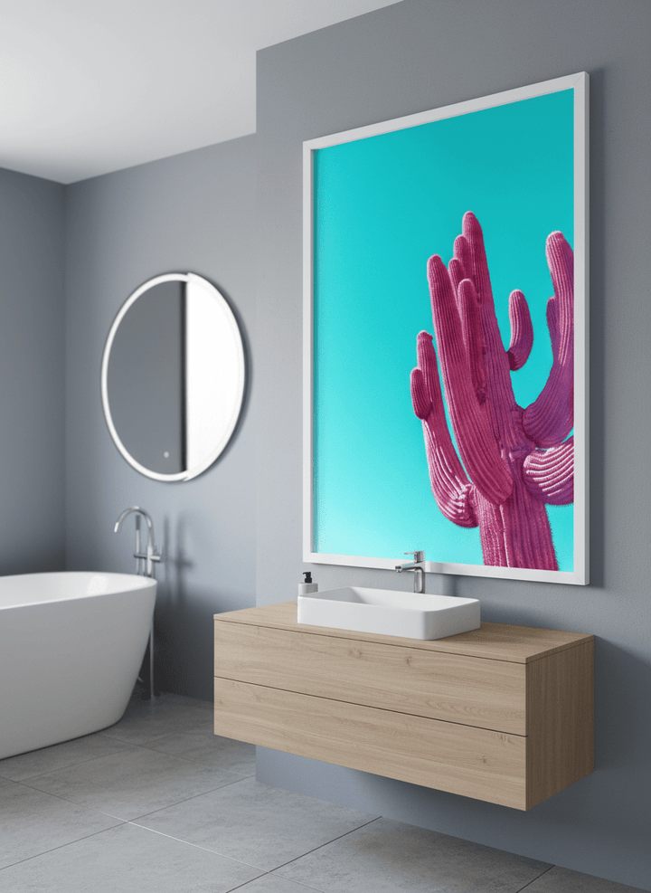 Modern print displayed in a clean minimalist bathroom setting