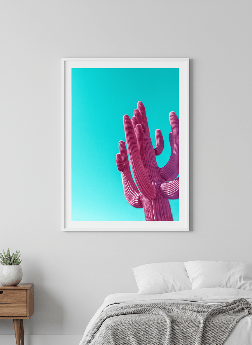 Minimalist artwork displayed in a calm, light-filled bedroom interior