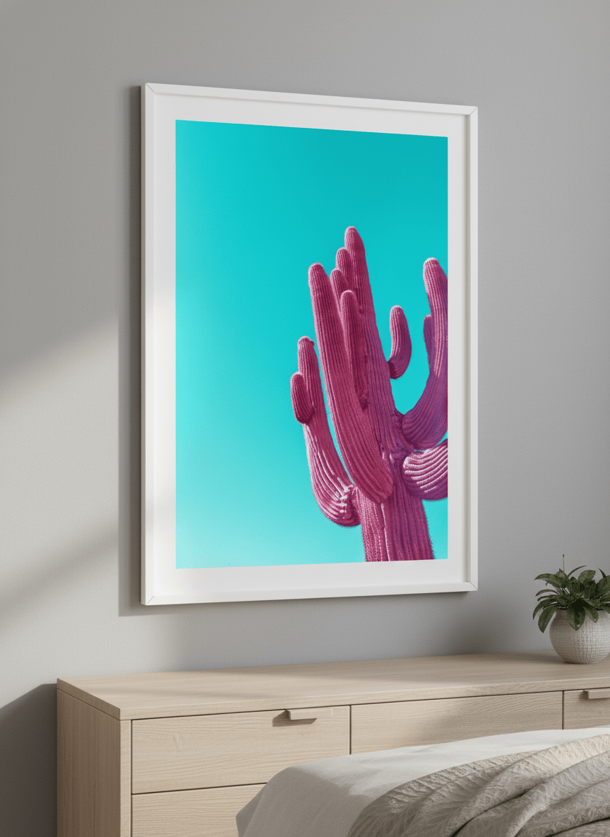 Minimalist artwork displayed in a calm, light-filled bedroom interior
