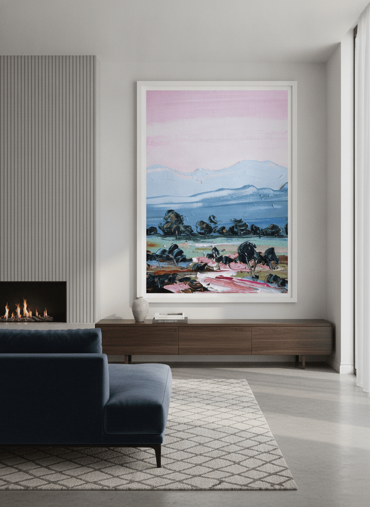 Monumental artwork centred on a feature wall in a luxe interior