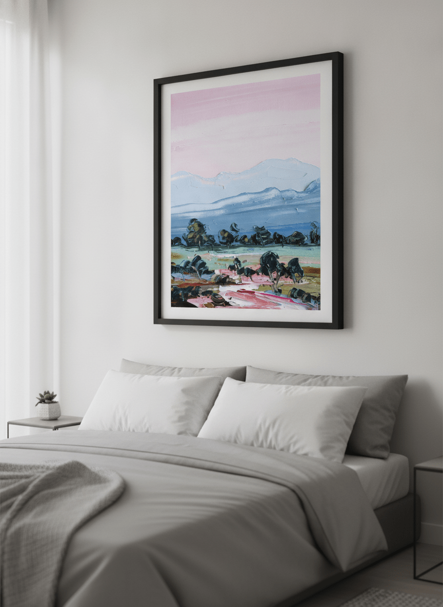 Minimalist artwork displayed in a calm, light-filled bedroom interior