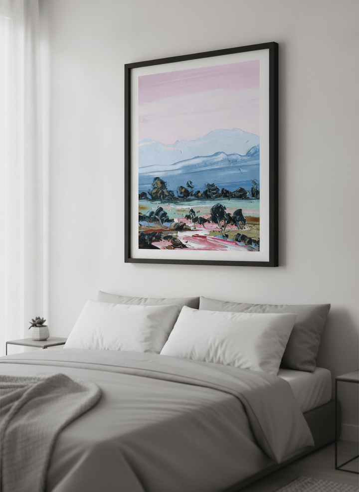 Minimalist artwork displayed in a calm, light-filled bedroom interior