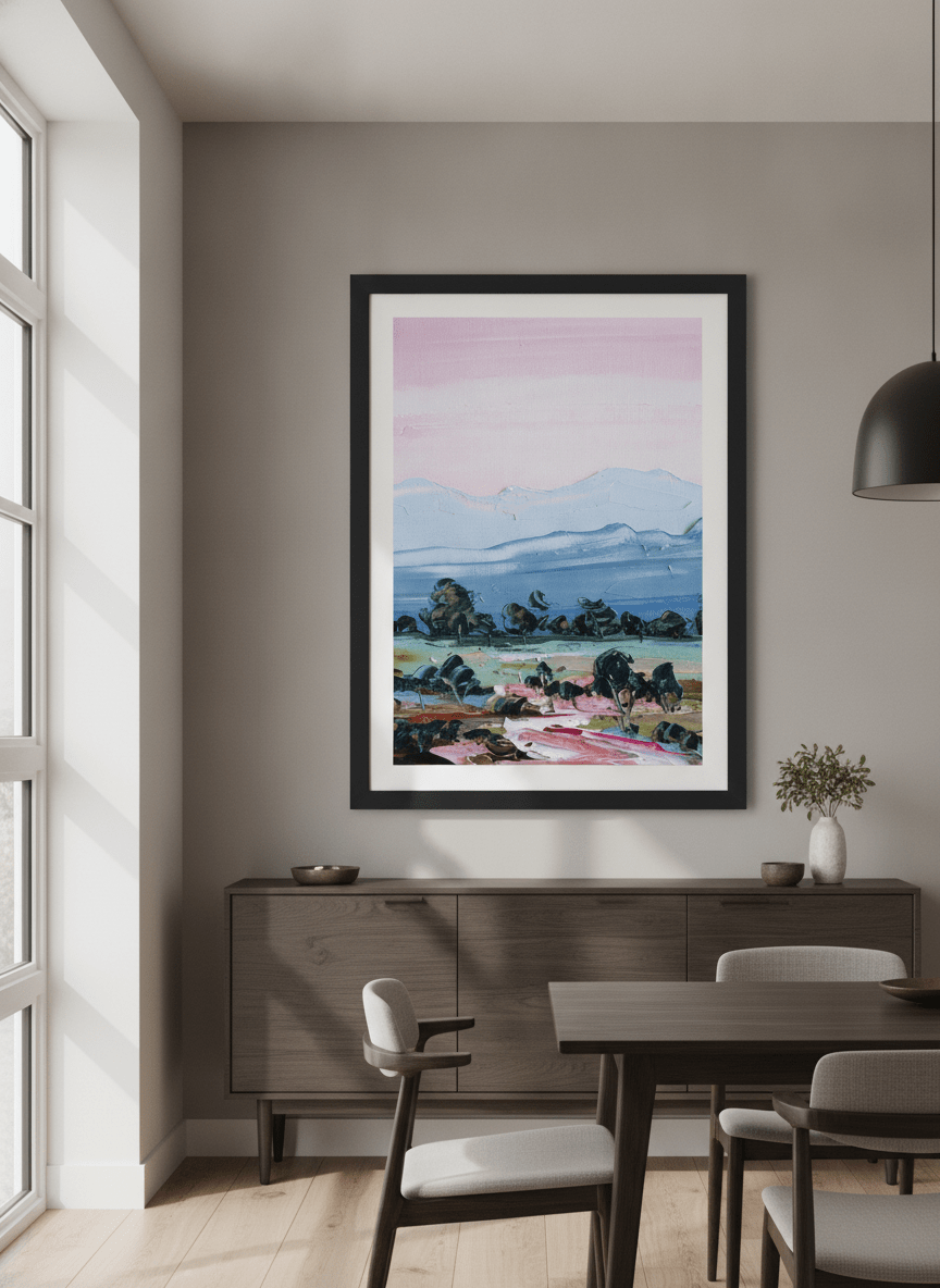 Wall art styled above a dining table in a contemporary home