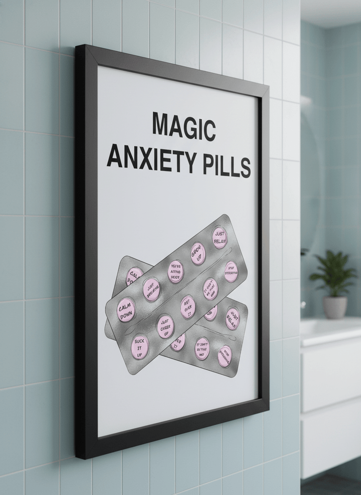 Modern print displayed in a clean minimalist bathroom setting