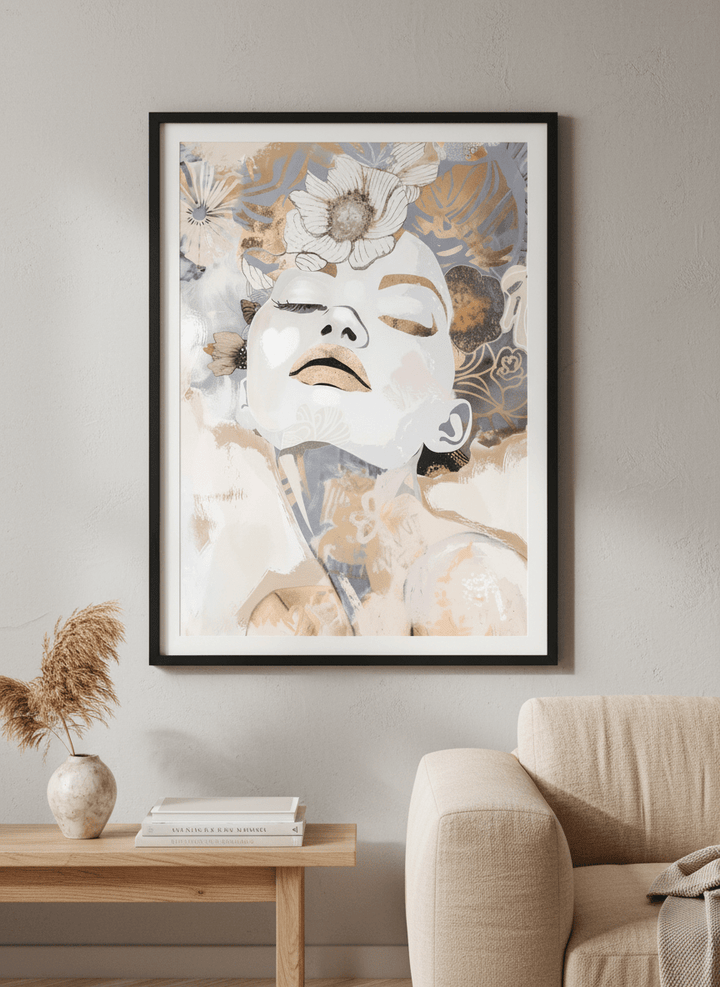 Modern wall art styled above a sofa in a neutral living room