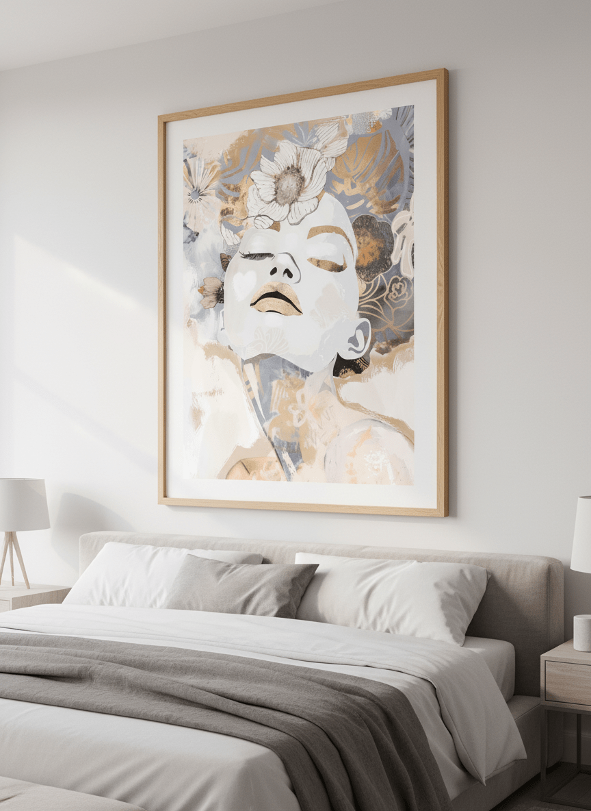 Minimalist artwork displayed in a calm, light-filled bedroom interior