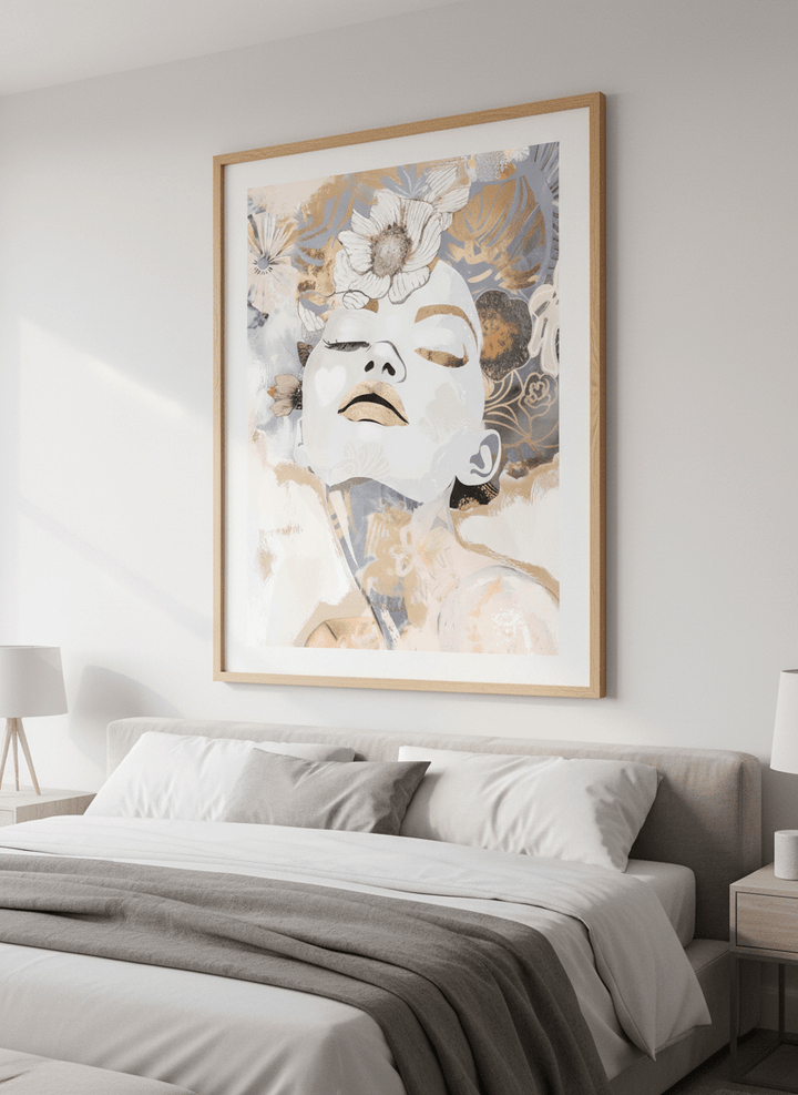 Minimalist artwork displayed in a calm, light-filled bedroom interior