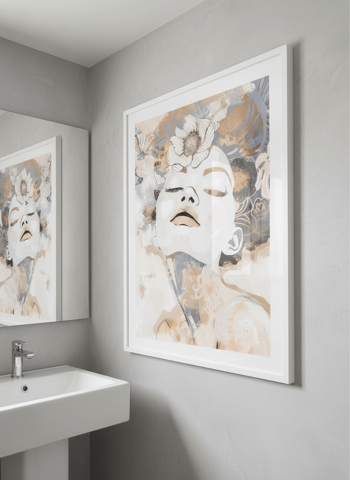 Modern print displayed in a clean minimalist bathroom setting