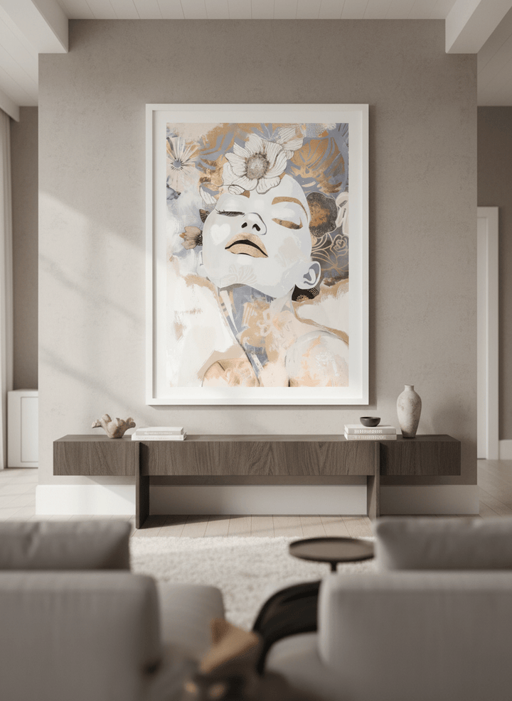 Monumental artwork centred on a feature wall in a luxe interior