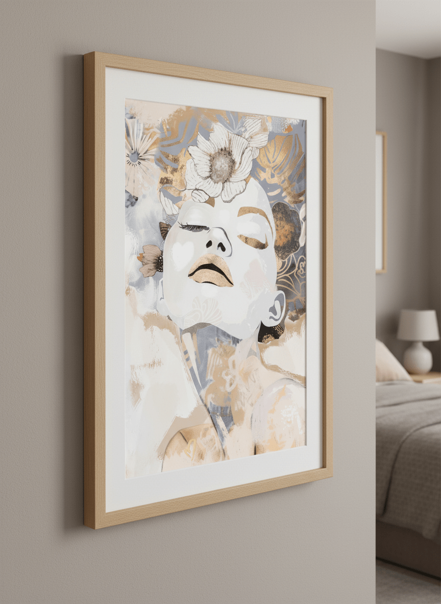 Minimalist artwork displayed in a calm, light-filled bedroom interior