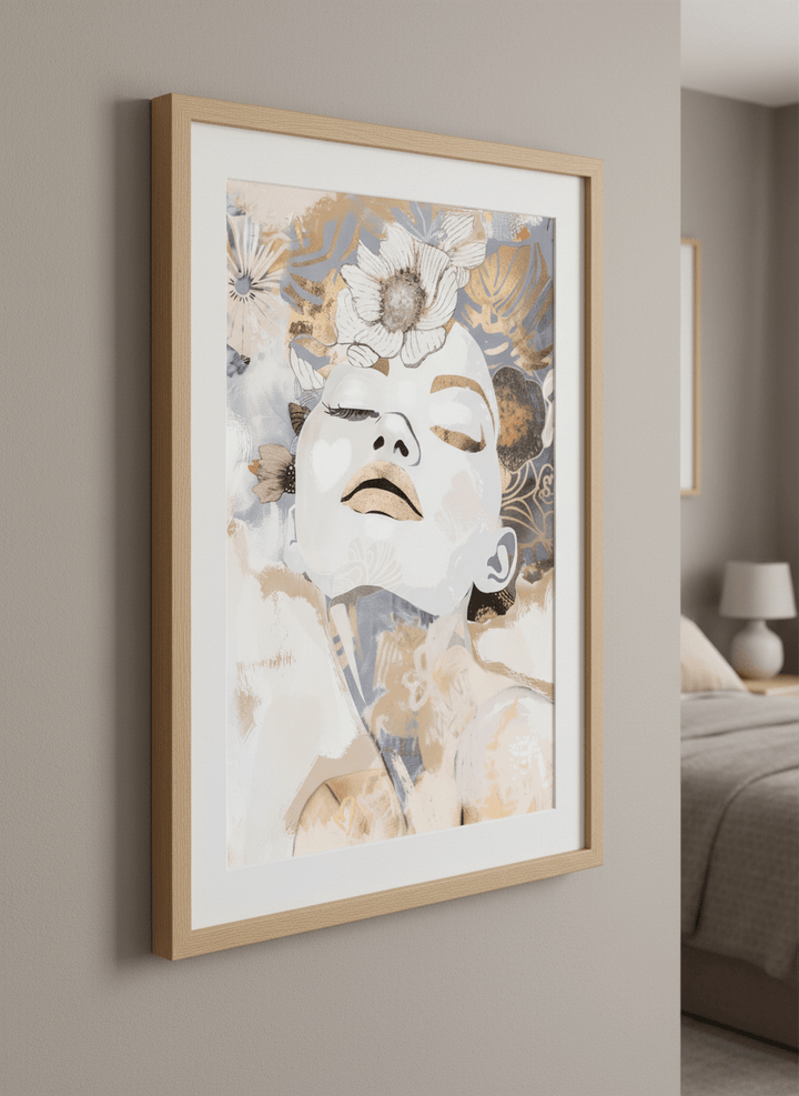Minimalist artwork displayed in a calm, light-filled bedroom interior