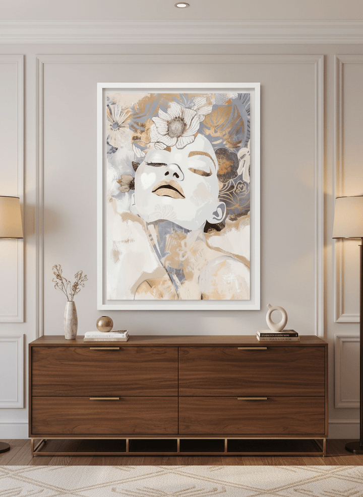 Monumental artwork centred on a feature wall in a luxe interior