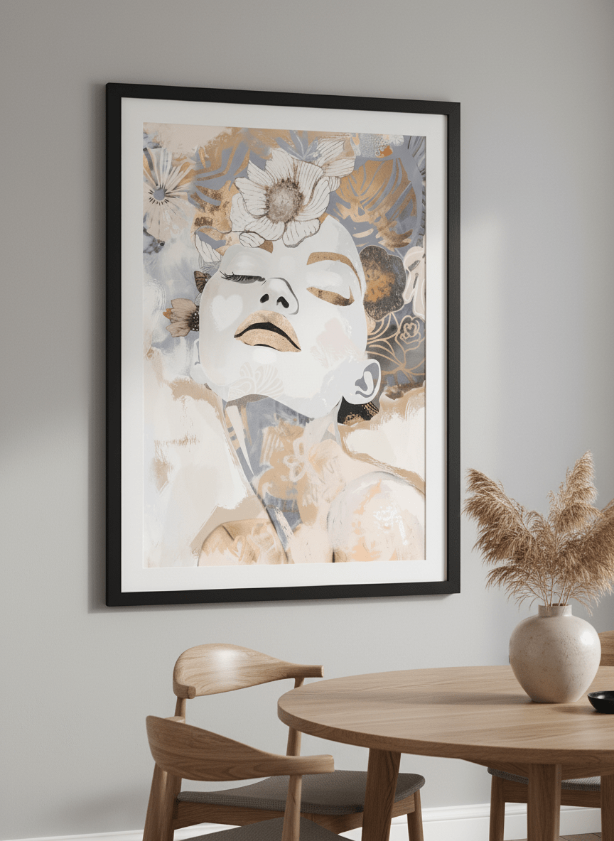 Wall art styled above a dining table in a contemporary home