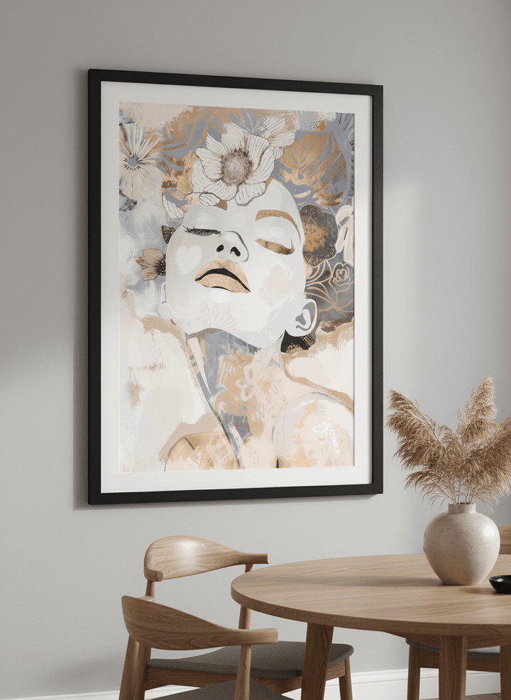 Wall art styled above a dining table in a contemporary home