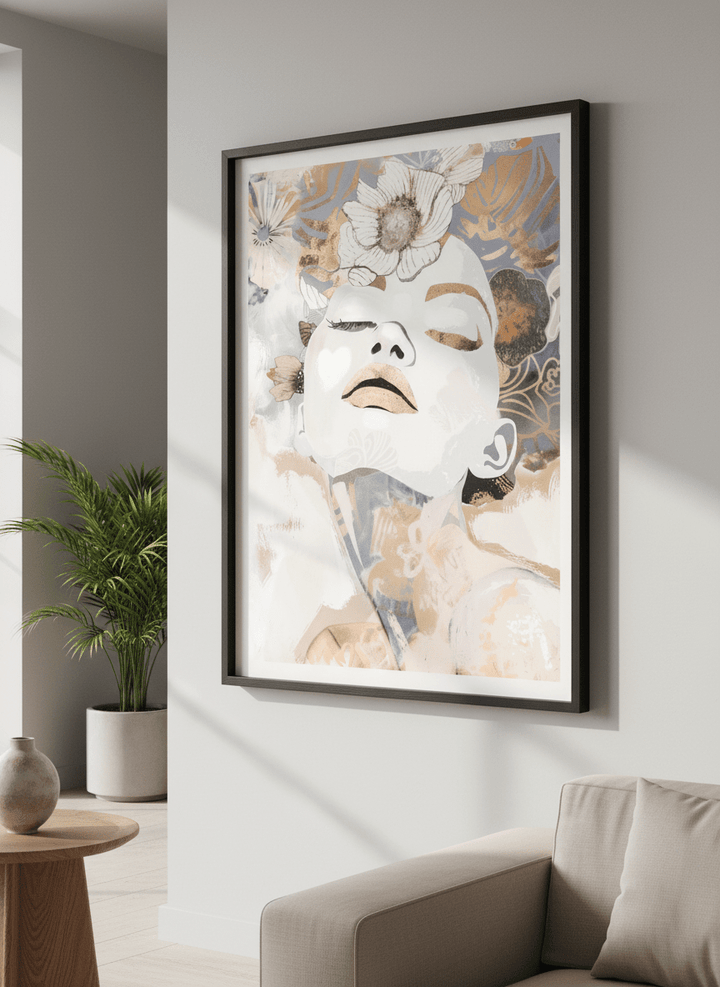 Modern wall art styled above a sofa in a neutral living room