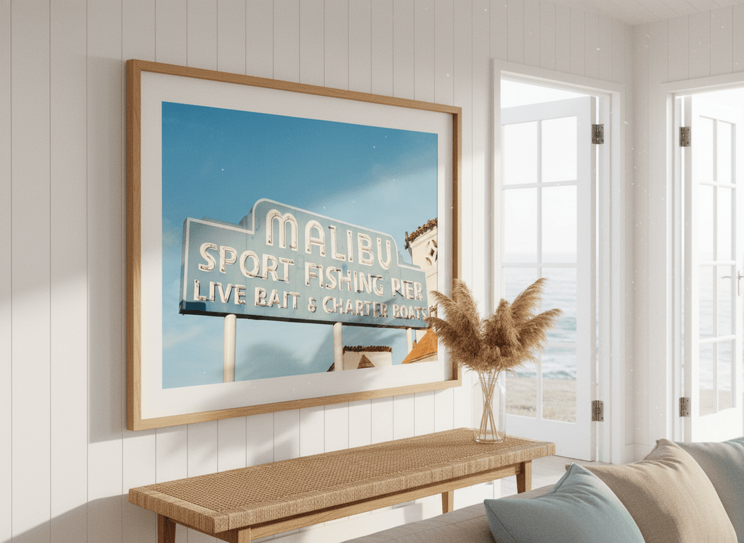 Neutral wall art displayed in a sunny coastal beach house