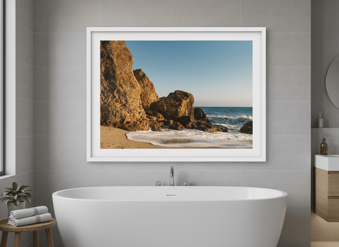 Modern print displayed in a clean minimalist bathroom setting
