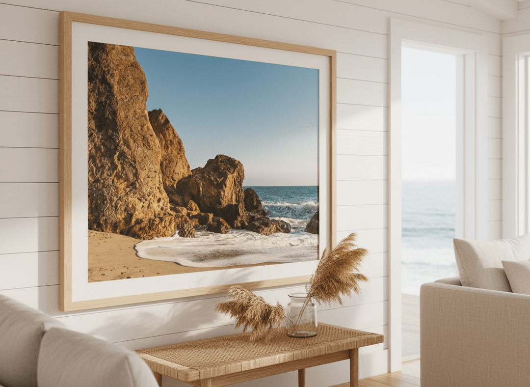 Neutral wall art displayed in a sunny coastal beach house