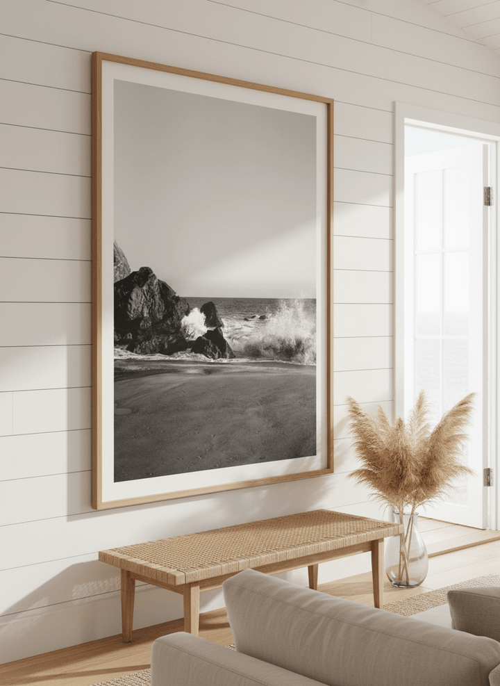 Neutral wall art displayed in a sunny coastal beach house