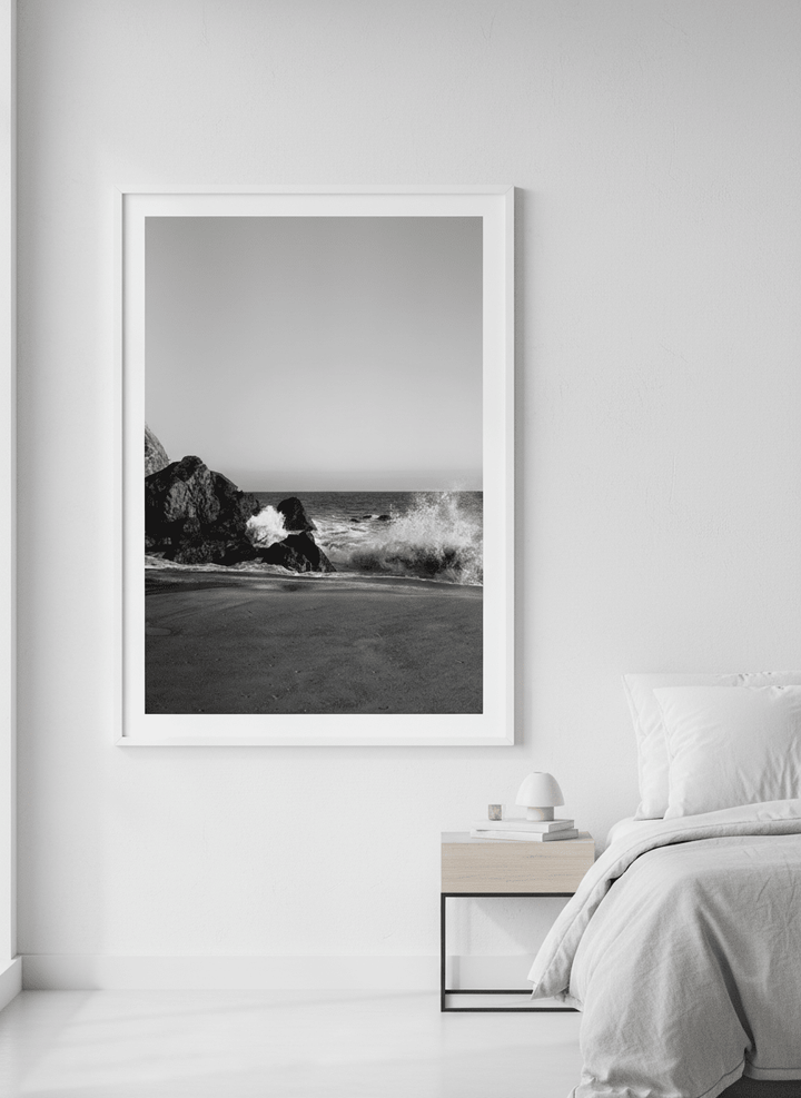 Minimalist artwork displayed in a calm, light-filled bedroom interior