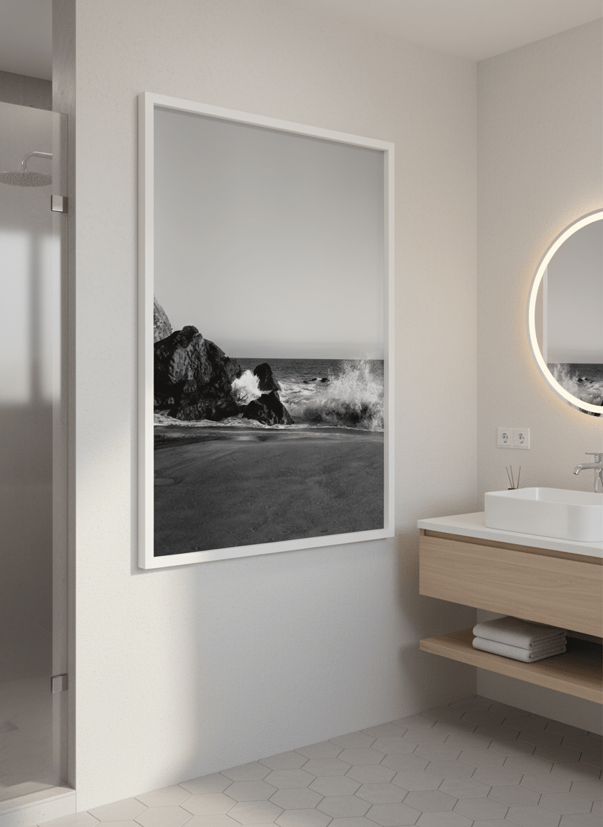 Modern print displayed in a clean minimalist bathroom setting