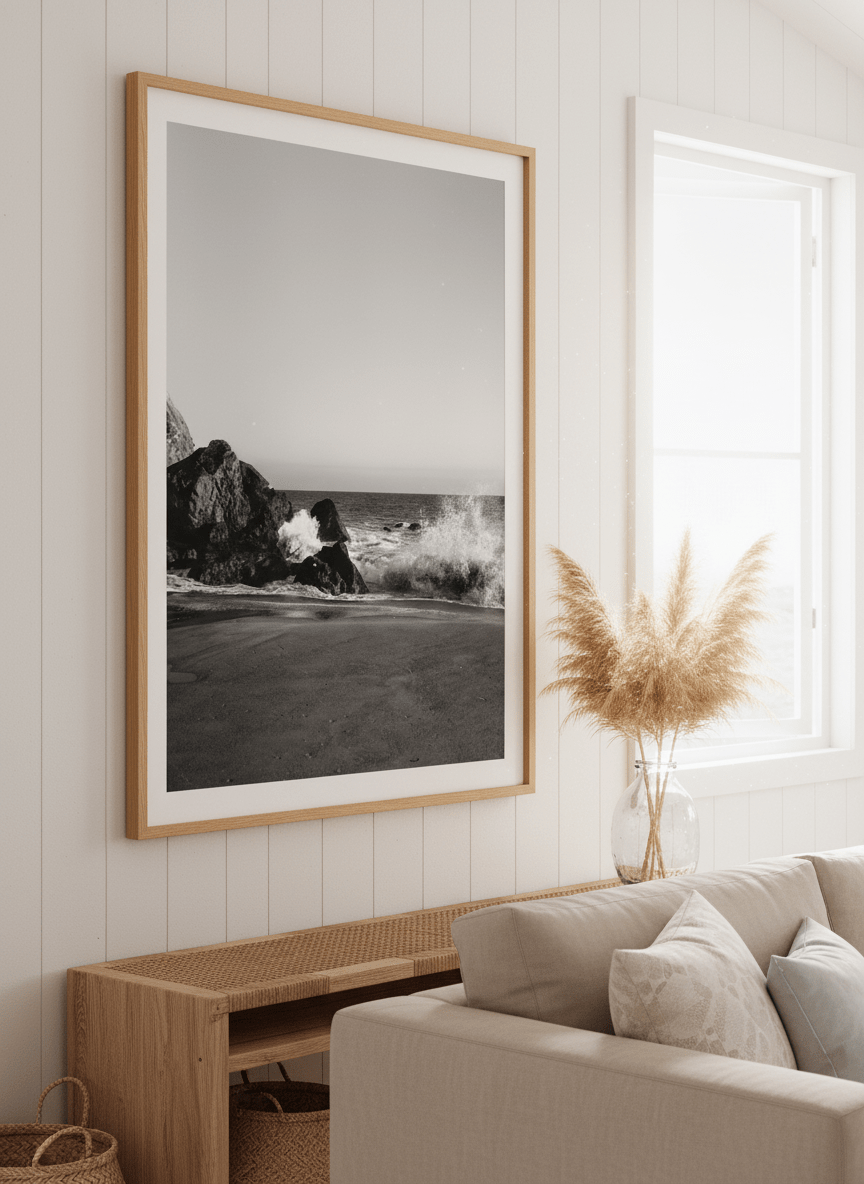 Neutral wall art displayed in a sunny coastal beach house