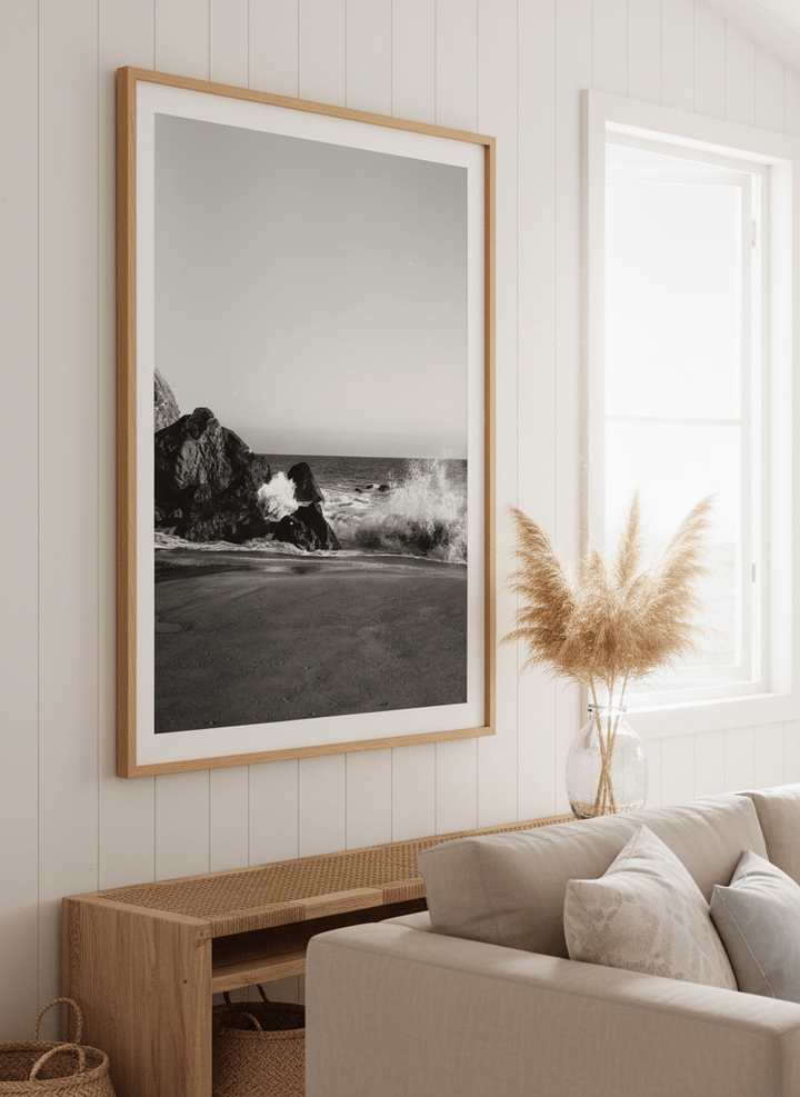 Neutral wall art displayed in a sunny coastal beach house