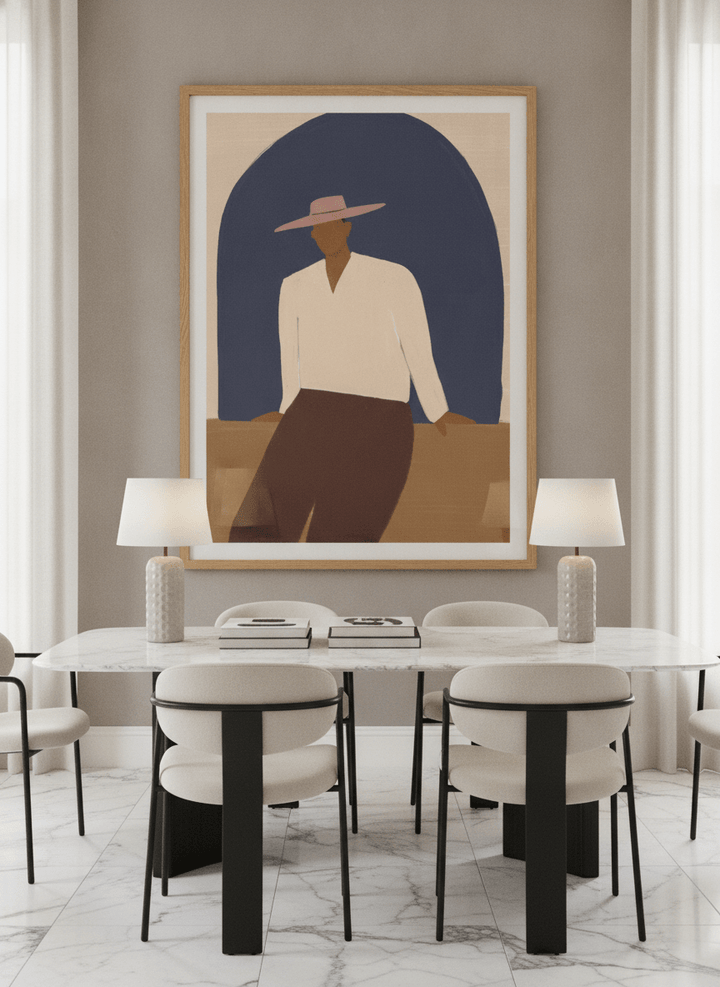 Oversized statement modern wall art print styled on the wall in a luxe dining room