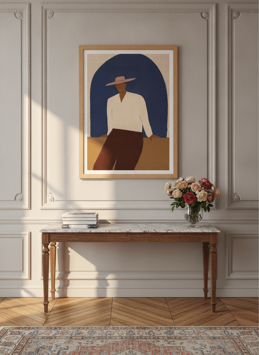 Modern wall art print styled on the wall in a Parisian living room