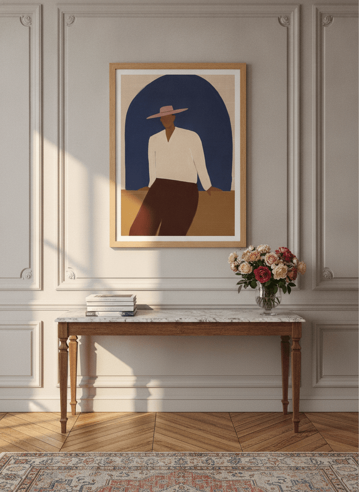 Modern wall art print styled on the wall in a Parisian living room