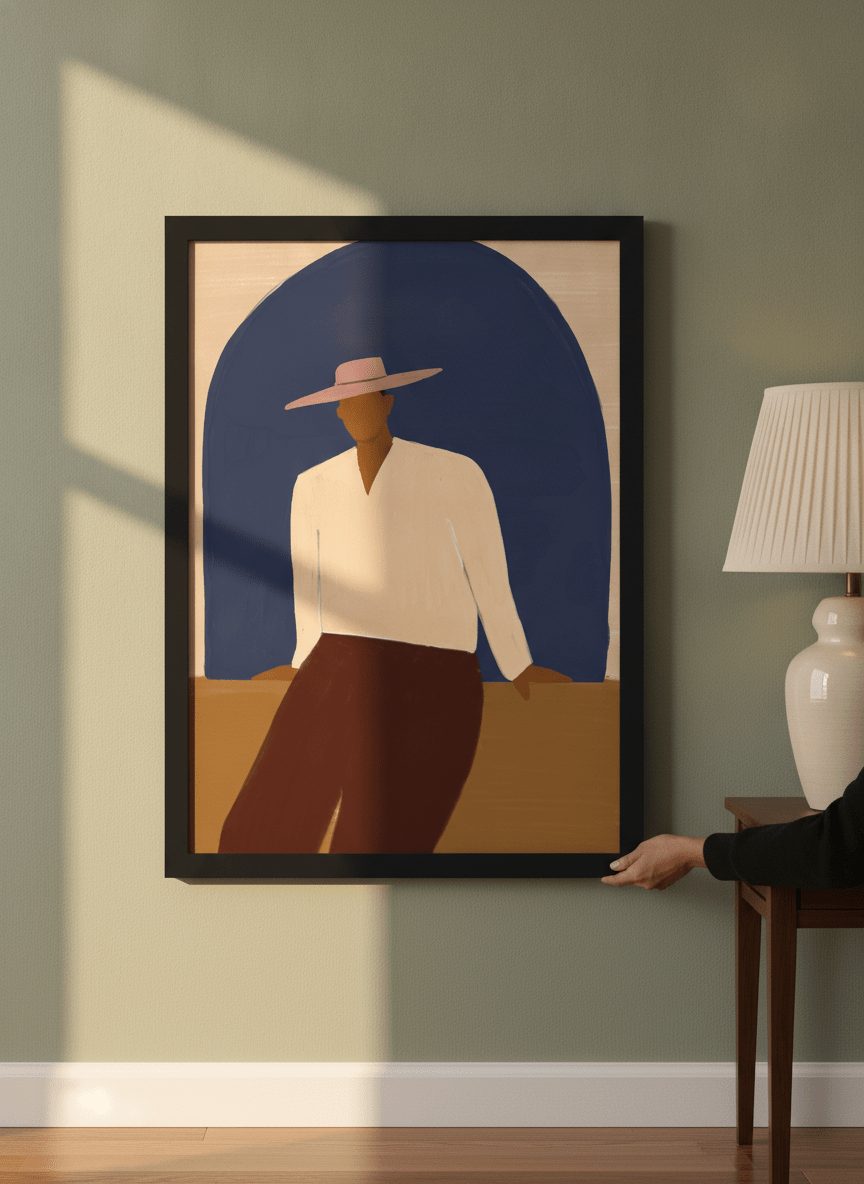 Person holding modern wall art print in a mid-century living room