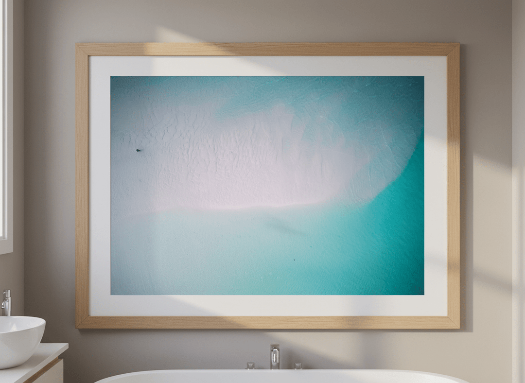 Modern print displayed in a clean minimalist bathroom setting