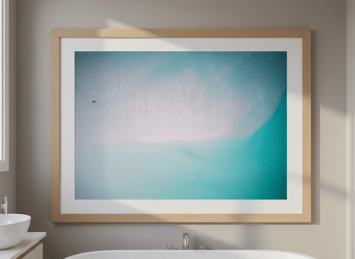 Modern print displayed in a clean minimalist bathroom setting