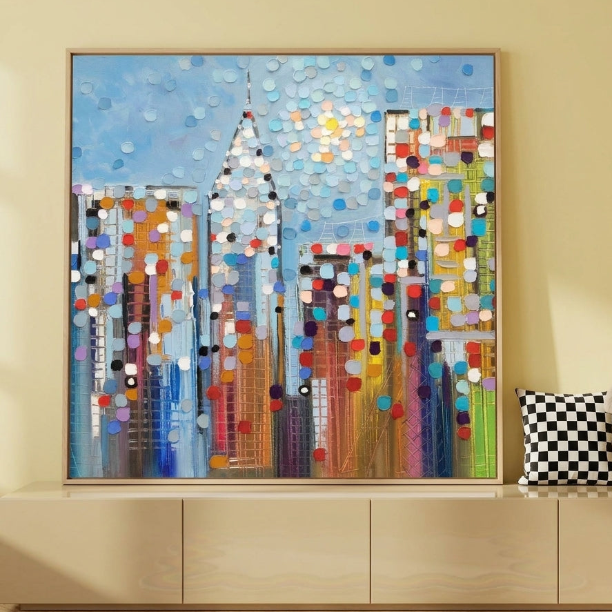 Canvas wall art with a natural timber surround standing on a sideboard in a colourful eclectic home office