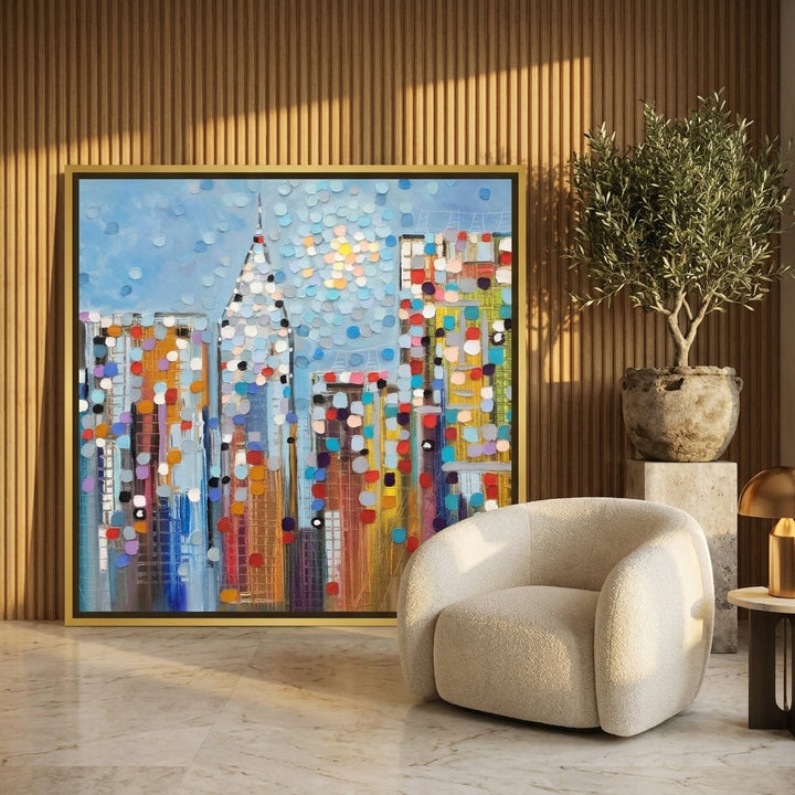 Canvas wall art with a gold leaf surround leaning against the wall in a luxe bedroom