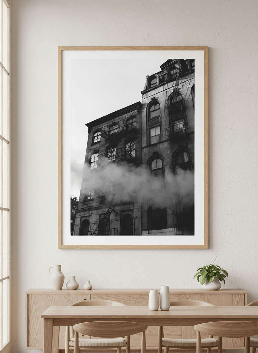 Wall art styled above a dining table in a contemporary home