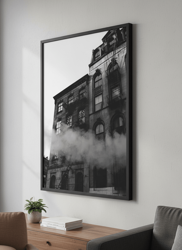 Modern wall art styled above a sofa in a neutral living room