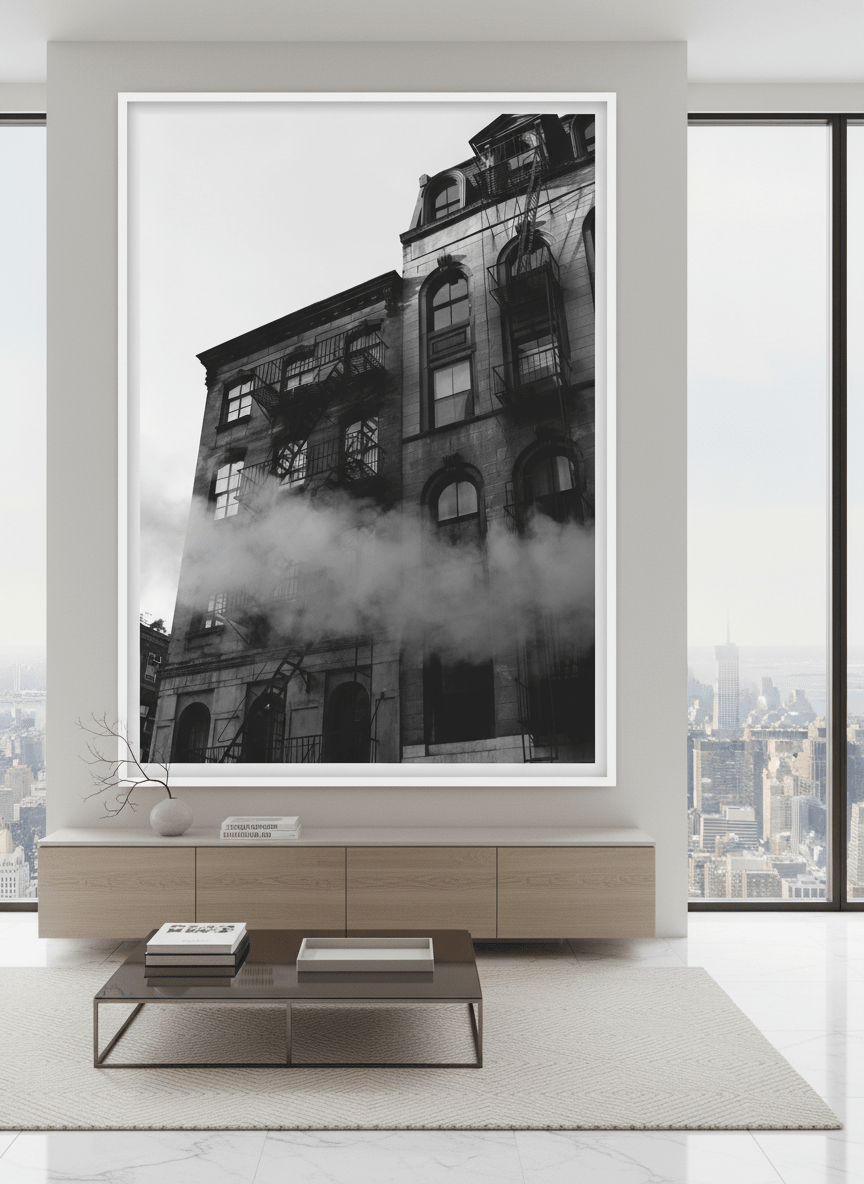 Monumental artwork centred on a feature wall in a luxe interior