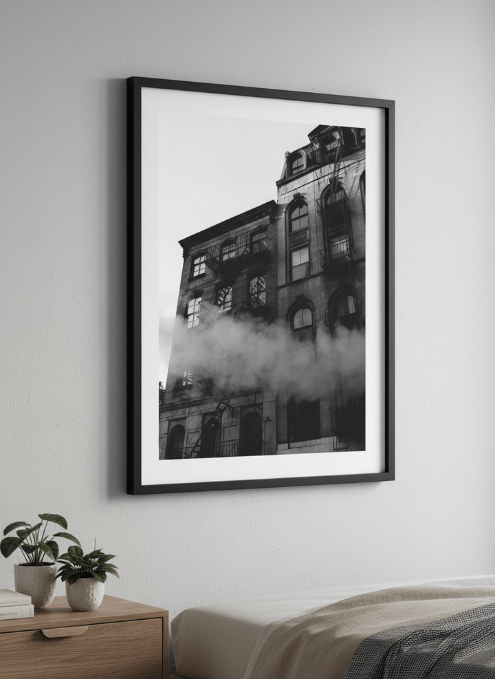 Minimalist artwork displayed in a calm, light-filled bedroom interior